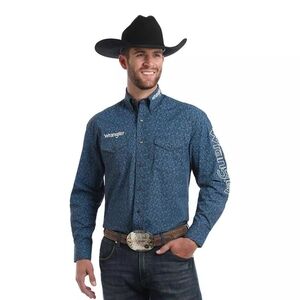 Wrangler Logo Embroidered Button Down Blue Paisley Long Sleeve Shirt